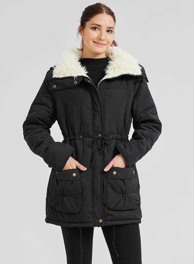 MEWOW Women's Winter Mid Length Thick Warm Faux Lamb Wool Lined Jacket Coat (XXL, Black) - Image 3