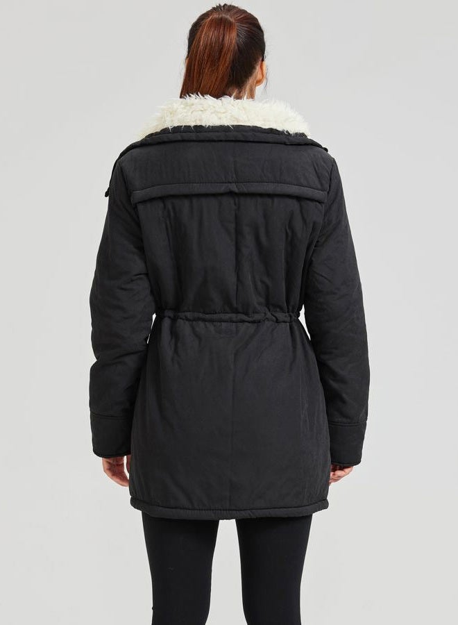 MEWOW Women's Winter Mid Length Thick Warm Faux Lamb Wool Lined Jacket Coat (XXL, Black) - Image 2