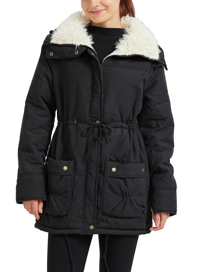 MEWOW Women's Winter Mid Length Thick Warm Faux Lamb Wool Lined Jacket Coat (XXL, Black) - Image 1