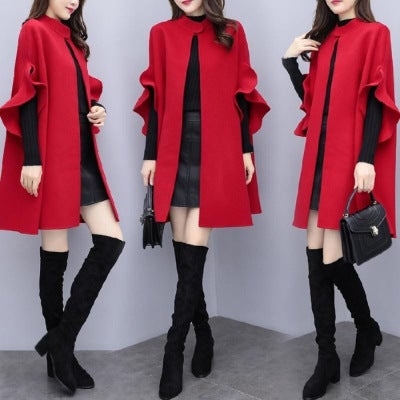 New Womens Clothing Large Size Mid-length Woolen Coat for Spring, Autumn and Winter Womens Red British A- Line Cloak Woolen Coat Red 