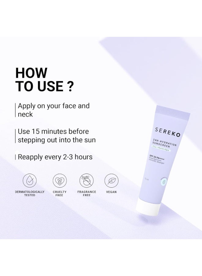 Sereko 24hrs Hydration Sunscreen SPF 50 PA++++ Creme Gel with Zero White Cast for Women & Men | 24hrs Hydration, Quick Absorbing & Non Greasy | UVA+UVB & Blue Light Protection | Suitable to All Skin Type (15ml) - Image 3