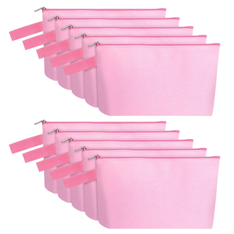 Sinzip 10 Pieces Cotton Canvas Makeup Bag with Bottom and Strap, Multi-Purpose Cosmetic Bag with Zipper Travel Toiletry Pouch, Blank DIY Craft Bag (Pink, S) - Image 1
