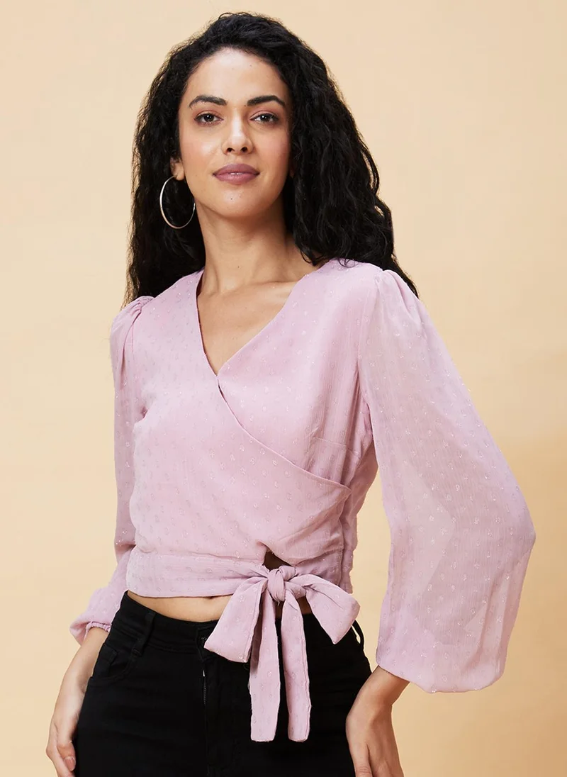 globus Globus Women Pink Self Design V-Neck Puff Sleeves Waist Tie-Up Crop Top