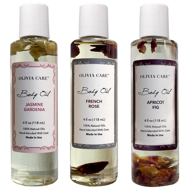Olivia Care 3 Pack Body Oils: Apricot Fig, French Rose, Jasmine Gardenia - Natural Perfume Oils For Women & After Bath Oils Body Moisturizers, Rich in Vitamin E, K, & Omega (3 Scents) - Image 1