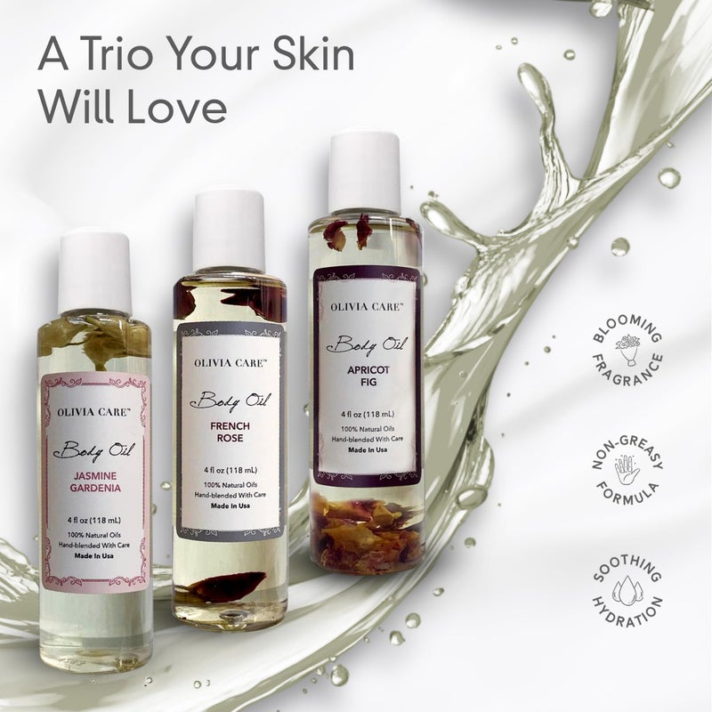 Olivia Care 3 Pack Body Oils: Apricot Fig, French Rose, Jasmine Gardenia - Natural Perfume Oils For Women & After Bath Oils Body Moisturizers, Rich in Vitamin E, K, & Omega (3 Scents) - Image 5