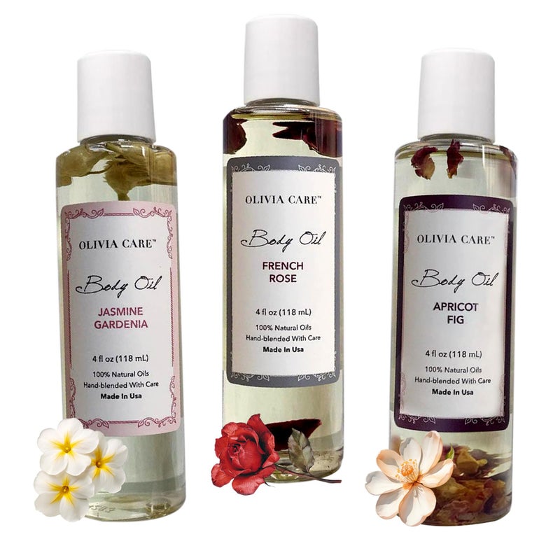 Olivia Care 3 Pack Body Oils: Apricot Fig, French Rose, Jasmine Gardenia - Natural Perfume Oils For Women & After Bath Oils Body Moisturizers, Rich in Vitamin E, K, & Omega (3 Scents) - Image 2