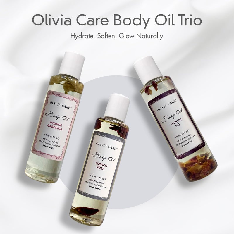 Olivia Care 3 Pack Body Oils: Apricot Fig, French Rose, Jasmine Gardenia - Natural Perfume Oils For Women & After Bath Oils Body Moisturizers, Rich in Vitamin E, K, & Omega (3 Scents) - Image 3