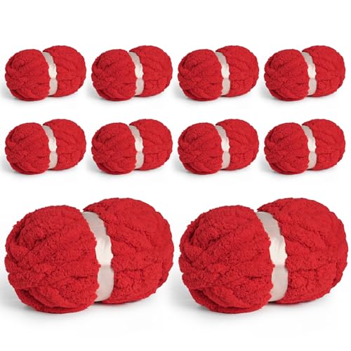 Sekafris 10 Pack Jumbo Chenille Yarn for Crocheting, #10 Super Bulky Baby Soft Yarn for Hand Knitting, 220 yds /70.5 oz Fluffy Chunky Knit Throw Blanket Yarn (Red) - Image 1