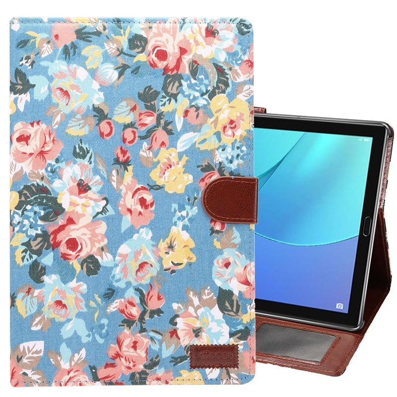 ديبايس جراب من الجلد الصناعي بنمط زهور من القماش مع حامل وفتحات للبطاقات ومحفظة لجهاز Huawei Mediapad M5 مقاس 10.8 بوصة (أزرق) - Image 1