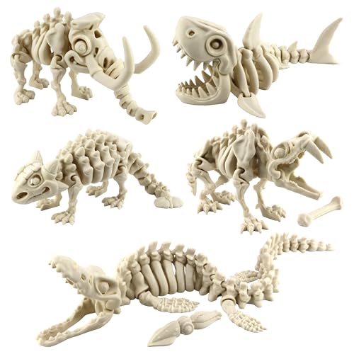 PowerTRC 5PCS 3D Printed Dinosaur Skeletons Fidget Toys Mosasaurus Ankylosaurus Mammoth Shark Saber Tiger Toy 3D Printed Dragon Animals Toys Articulated 3D Figurine Stress Relief Toy Bone White - Image 1