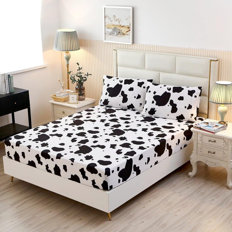 SDY 3PCS Milk Cow Print Stuff Bedding Fitted Sheet Set Twin Size Cartoon Cow Pattern Fitted Sheet with Deep Pocket and 2 Pillowcases Cute and Cozy Kawaii Bed for Kids Children Boys Girls Teens
