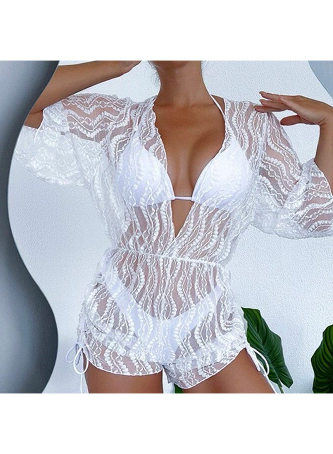 Loquat 2023 Long Sleeve Mesh Tunic Swimsuit Women's High Waist Drawstring European And American Sunscreen Blouse Three-Piece Bikini-Color:Beige White- - Image 3