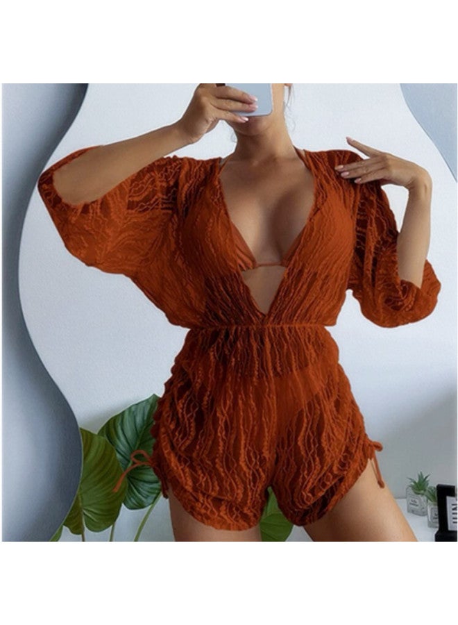 Loquat 2023 Long Sleeve Mesh Tunic Swimsuit Women's High Waist Drawstring European And American Sunscreen Blouse Three-Piece Bikini-Color:Beige White- - Image 4