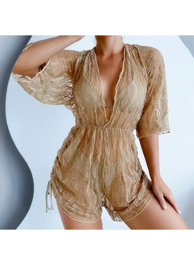 Loquat 2023 Long Sleeve Mesh Tunic Swimsuit Women's High Waist Drawstring European And American Sunscreen Blouse Three-Piece Bikini-Color:Beige White- - Image 5
