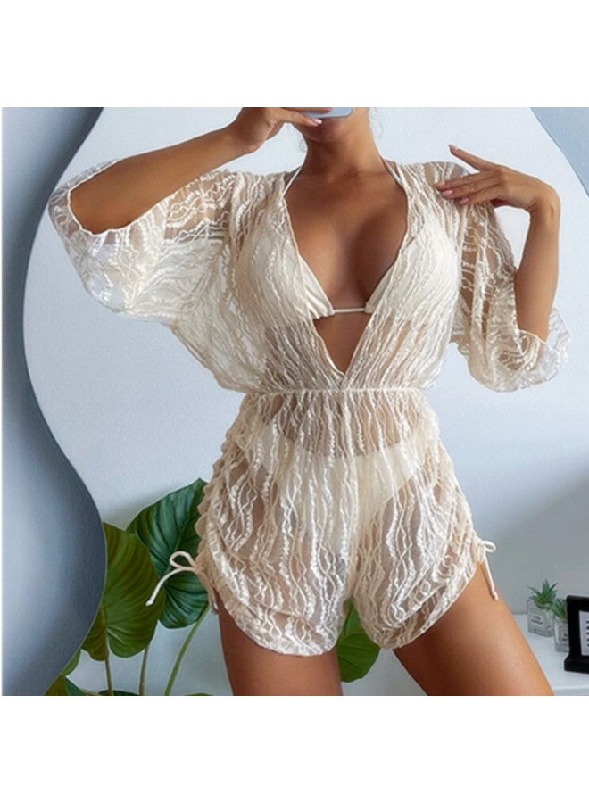 Loquat 2023 Long Sleeve Mesh Tunic Swimsuit Women's High Waist Drawstring European And American Sunscreen Blouse Three-Piece Bikini-Color:Beige White- - Image 1