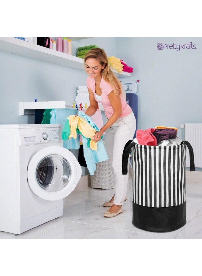 بريتي كرافتس حقيبة غسيل كبيرة قابلة للطي ومطبوعة مخططة غير منسوجة بسعة 45 لترًا مع مقابض، منظم تخزين ملابس قائم بذاته لغرفة النوم والحمام والمبيت (36 × 36 × 45 سم، أسود، مجموعة من قطعة واحدة) - Image 5