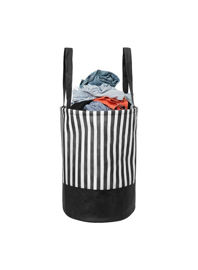 بريتي كرافتس حقيبة غسيل كبيرة قابلة للطي ومطبوعة مخططة غير منسوجة بسعة 45 لترًا مع مقابض، منظم تخزين ملابس قائم بذاته لغرفة النوم والحمام والمبيت (36 × 36 × 45 سم، أسود، مجموعة من قطعة واحدة) - Image 1