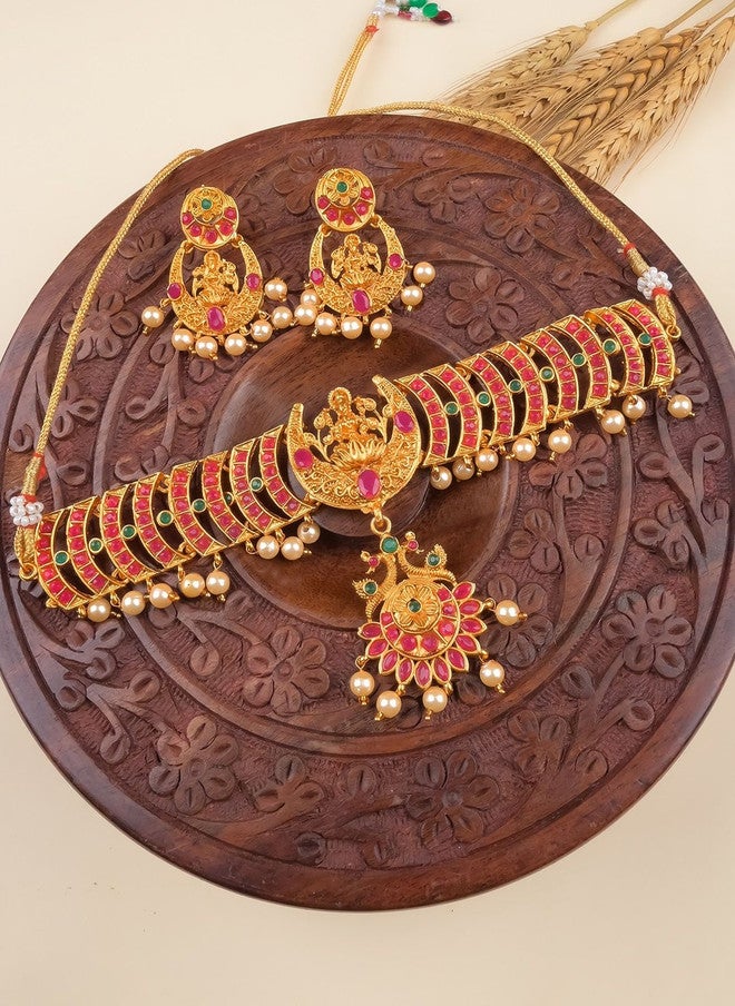 StileAdda مجموعة مجوهرات معبد مطلية بالذهب من ستايل أدا مع أحجار صناعية وخرز - Image 1