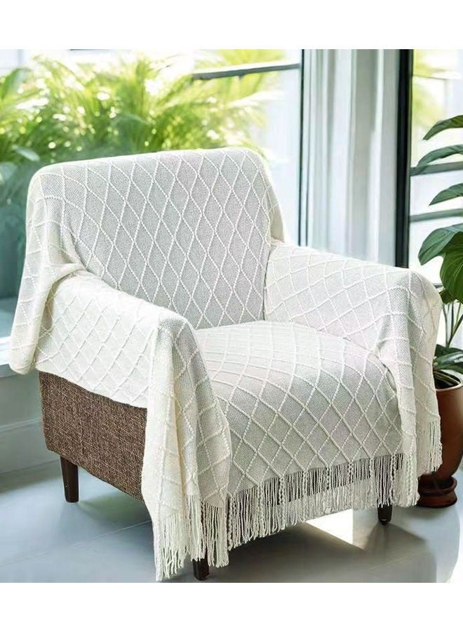 KNITTED TASSEL BLANKETS, SUPER SOFT COZY LIGHTWEIGHT DECORATIVE THROW BLANKETS FOR COUCH , BED, SOFA, OUTDOOR THROW BLANKET ALL SEASONS 127X178CMBEIGE