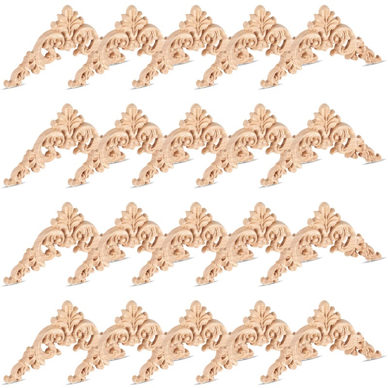 20 Pcs Wood Applique Corner Onlay Decorative Wood Applique DIY Wooden Carved Corner Unpainted Wooden Carved Decals Carving Decal for Furniture Wall Cupboard Bed CabinetDelicate Style