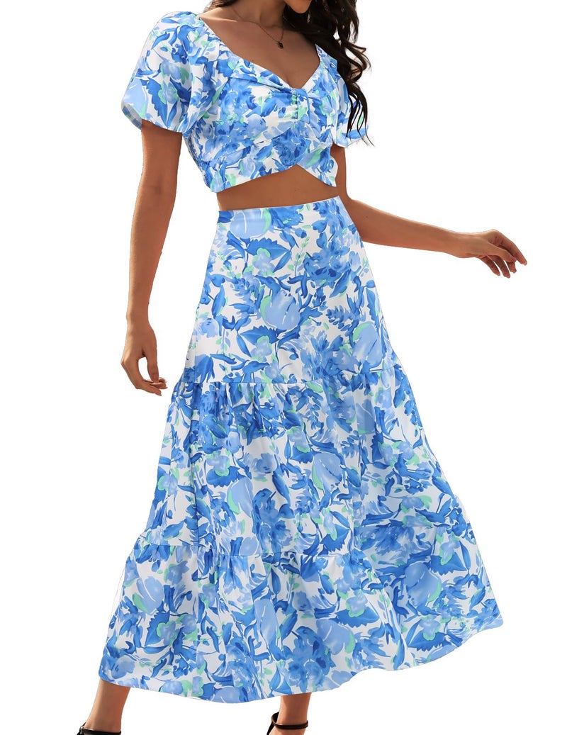 DRESSTELLS Women's 2 Piece Outfits, Floral Top Skirts Set, Spring Easter Dresses, Maxi Summer Tropical Boho Vacation Beach Suits 2026 Blue Green Flower S - Image 1