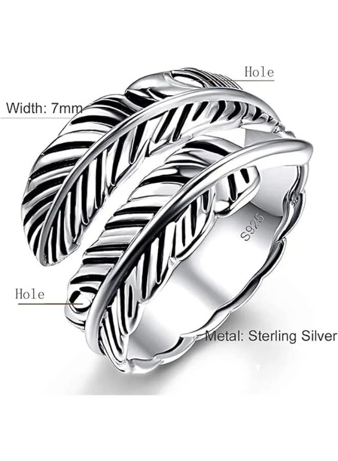 Sterling silver feather ring, adjustable and stackable vintage style, suitable for both women and men. - Image 3
