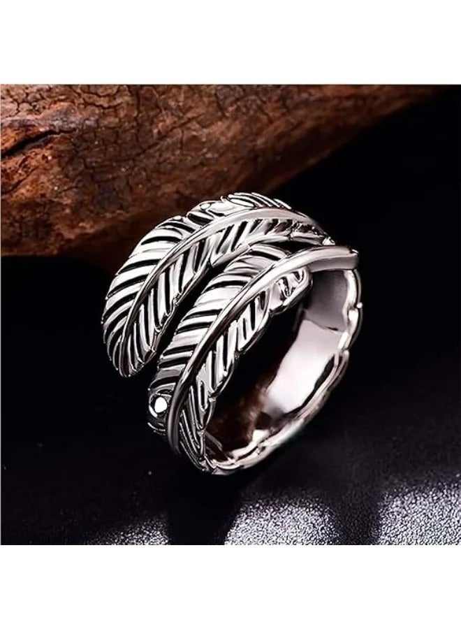 Sterling silver feather ring, adjustable and stackable vintage style, suitable for both women and men. - Image 4