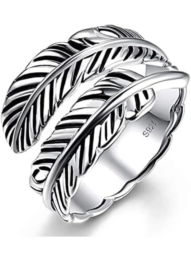 Sterling silver feather ring, adjustable and stackable vintage style, suitable for both women and men. - Image 1