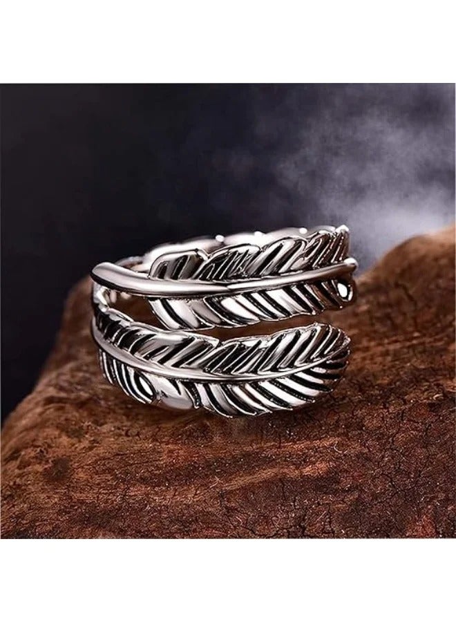 Sterling silver feather ring, adjustable and stackable vintage style, suitable for both women and men. - Image 5