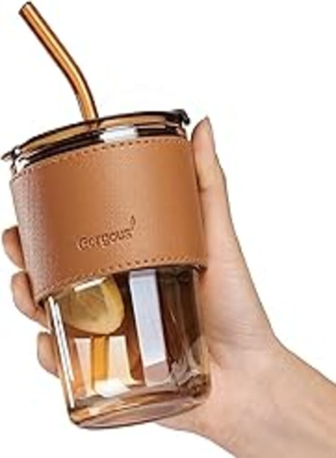 Gorgous ‎Leak Proof Glass Tumbler with Straw and Lid (450 ml) Slub Glass | Leather Protective Sleeve | Reusable Cup with Straw | Iced Coffee Cup | Direct Drinking Mouth Dual Use | Bamboo Glass