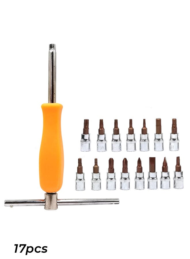 QUALITY 17pcs 1/4" Drive Socket Screwdriver Set High-End CRV Steel Mini Spinner Handle with Sliding T-Bar Extension & Professional Bit Sockets Hex Torx Phillips Slotted Manual Nut Driver Tool Kit for Automotive Home Repair & Precision DIY Projects - Image 4