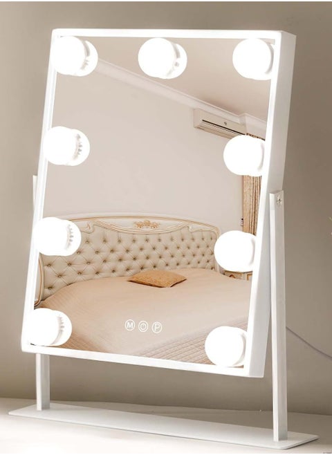 Vanity Mirror with Lights Hollywood Lighted Makeup Mirror with 9 Dimmable Bulbs & 3 Color Lighting Modes, Detachable 10X Magnification Mirror and 360 Degree Rotation(White)