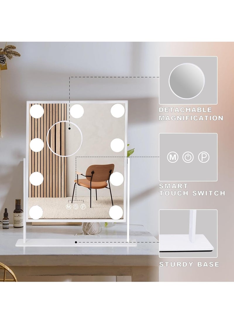 Vanity Mirror with Lights Hollywood Lighted Makeup Mirror with 9 Dimmable Bulbs & 3 Color Lighting Modes, Detachable 10X Magnification Mirror and 360 Degree Rotation(White)