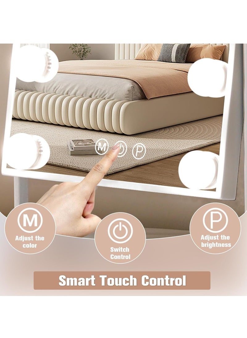 Vanity Mirror with Lights Hollywood Lighted Makeup Mirror with 9 Dimmable Bulbs & 3 Color Lighting Modes, Detachable 10X Magnification Mirror and 360 Degree Rotation(White)