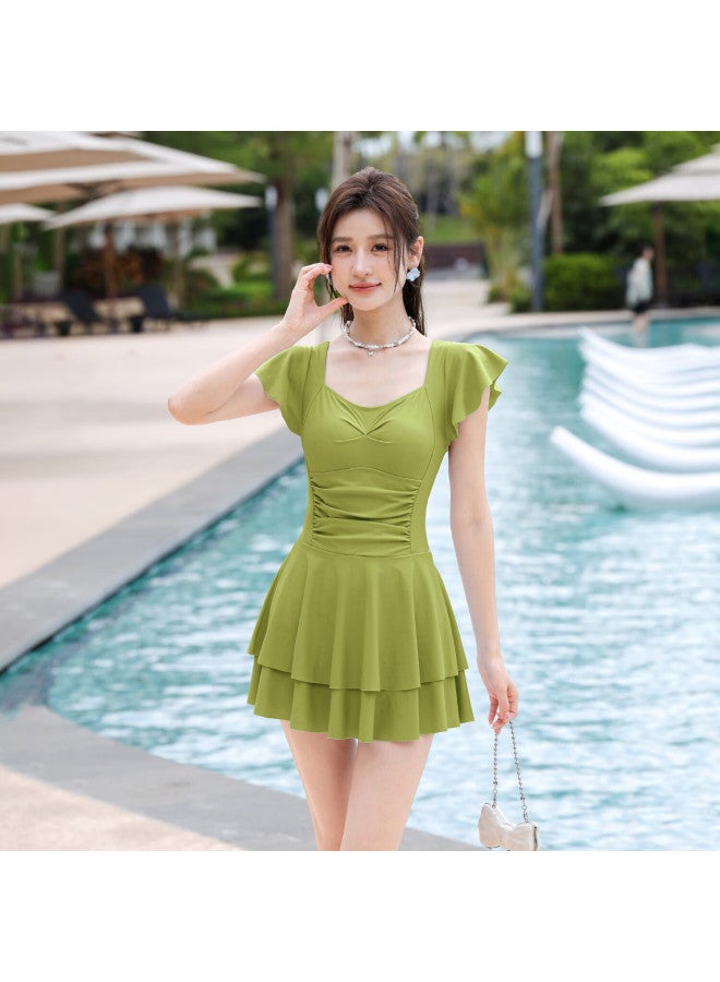 F.dyraa Women's Conservative Slimming Swimsuit Dress Vacation Hot Spring Swimming Set Three-piece 15281 Green 2XL - Image 4