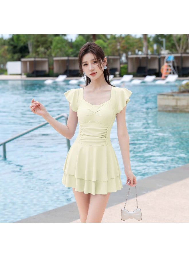 F.dyraa Women's Conservative Slimming Swimsuit Dress Vacation Hot Spring Swimming Set Three-piece 15281 Green 2XL - Image 3