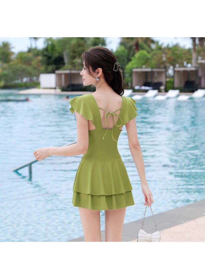 F.dyraa Women's Conservative Slimming Swimsuit Dress Vacation Hot Spring Swimming Set Three-piece 15281 Green 2XL - Image 1