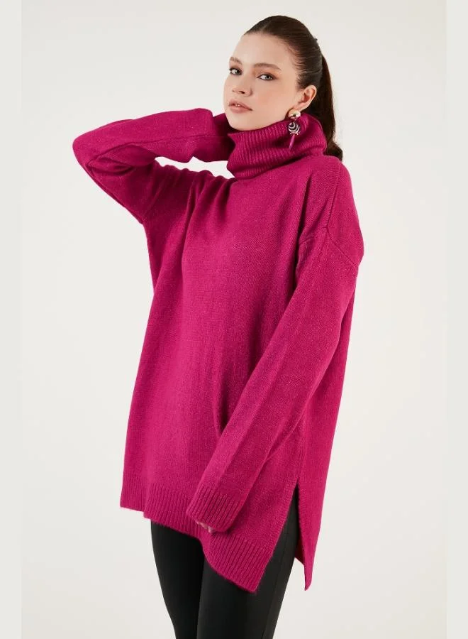 Lela Lela Regular Fit Side Slit Turtleneck Long Knitwear Sweater Women's SWEATER 4616141Y