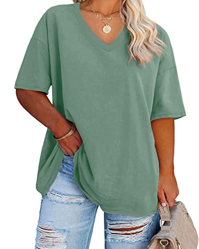 Fisoew Women's Plus Size V Neck T Shirts Summer Half Sleeve Oversized Tees Casual Loose Fit Tunic Tops Green - Image 5