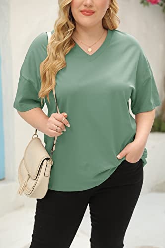 Fisoew Women's Plus Size V Neck T Shirts Summer Half Sleeve Oversized Tees Casual Loose Fit Tunic Tops Green - Image 3