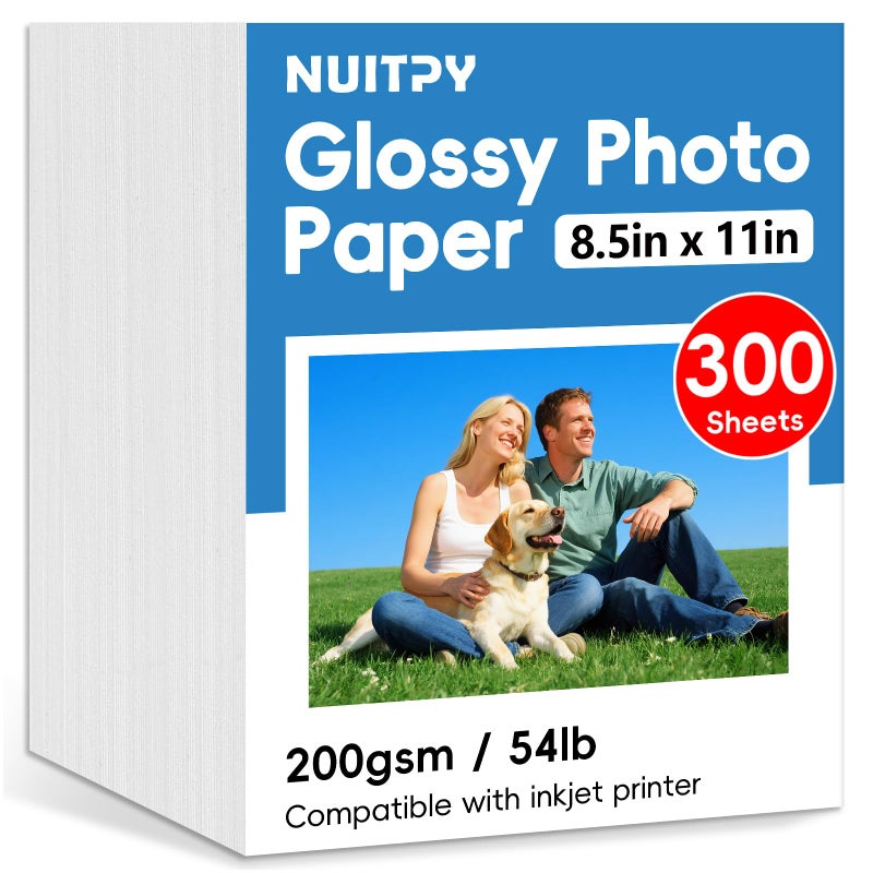 NUITPY 300 Sheets Glossy Photo Paper, 8.5in x 11in Inkjet Photo Printer Paper, Picture Paper for Photos, Calendars, Brochures, Cards, Menus(200gsm / 54lb) - Image 1