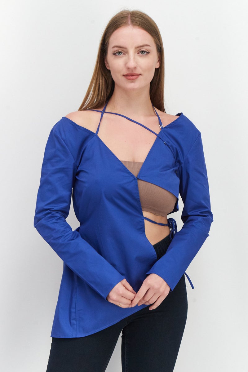 Ego Women V-Neck Long Sleeves Plain Blouse, Blue - Image 1