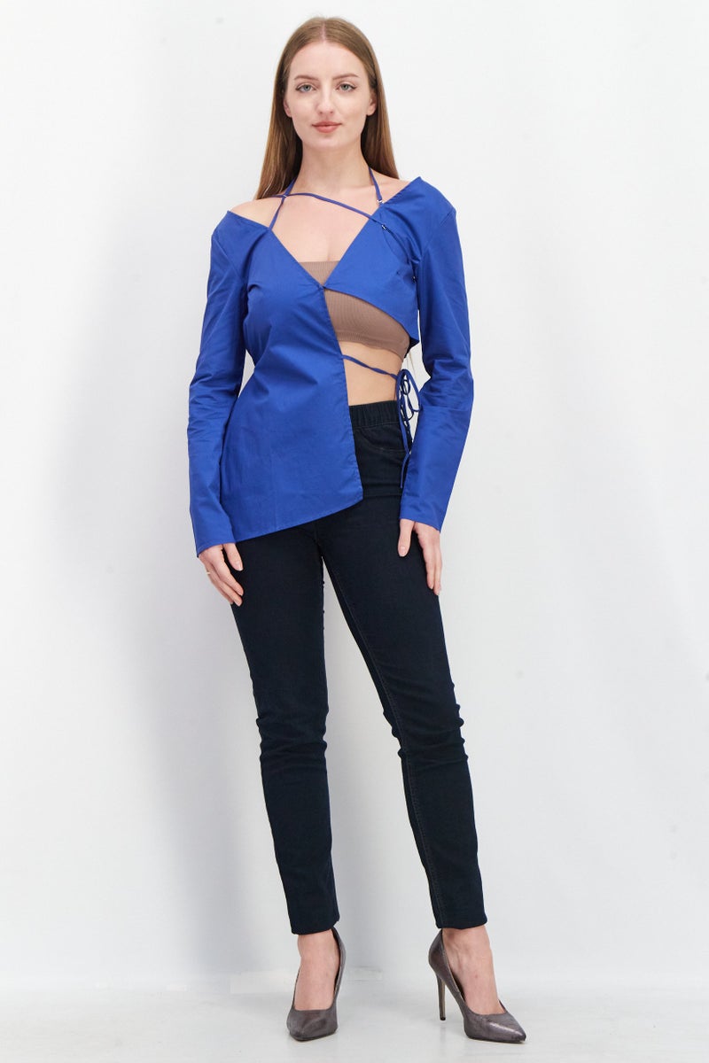 Ego Women V-Neck Long Sleeves Plain Blouse, Blue - Image 3