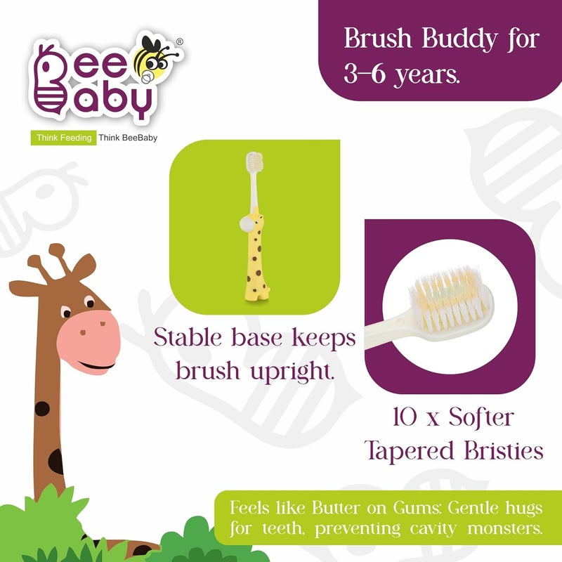 Beebaby فرشاة جيراف بروس بادي للأطفال من 3-6 سنوات، مقبض ناعم لسهولة الإمساك، شعيرات مدببة أنعم 10 مرات مثالية للأسنان اللبنية والدائمة، خالية تمامًا من BPA. صفراء - Image 2
