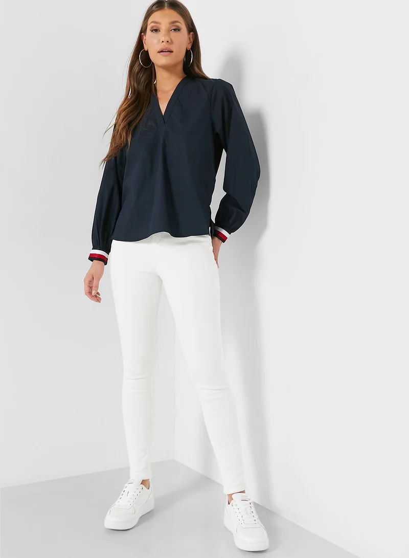 TOMMY HILFIGER V-Neck Stripe Detail Top