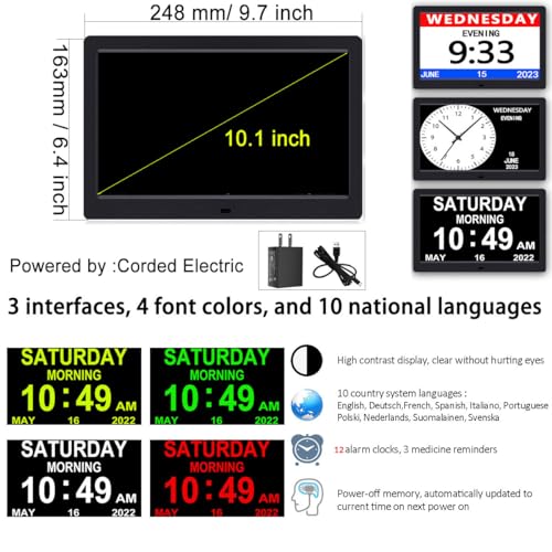 AINFTIME DST Clock with Day and Date for Elderly-3 Display Digital Calendar Alarm Day Dementia Alzheimers Clock with Extra Large Display (10.1in Black) - Image 2