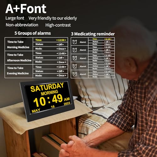 AINFTIME DST Clock with Day and Date for Elderly-3 Display Digital Calendar Alarm Day Dementia Alzheimers Clock with Extra Large Display (10.1in Black) - Image 3