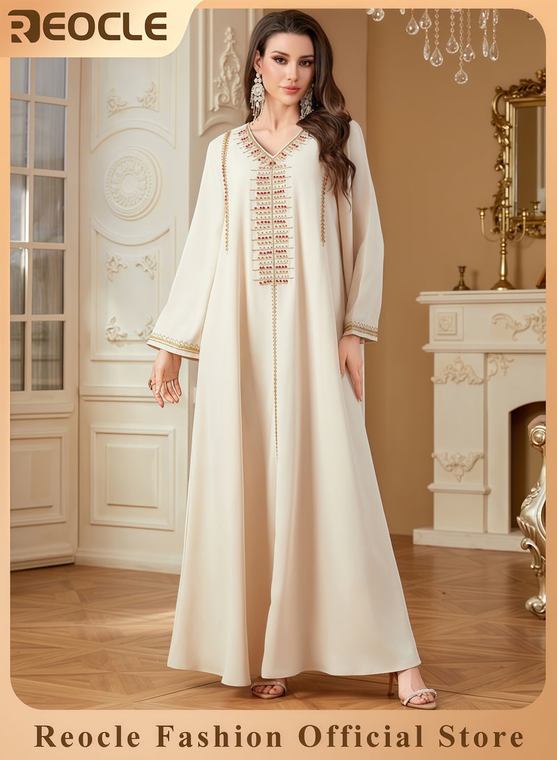 REOCLE Women's Elegant Embroidered Kaftan Dress Luxury Maxi Abaya Flowing Moroccan Robe Modest Evening Dress for Special Occasions - Image 1