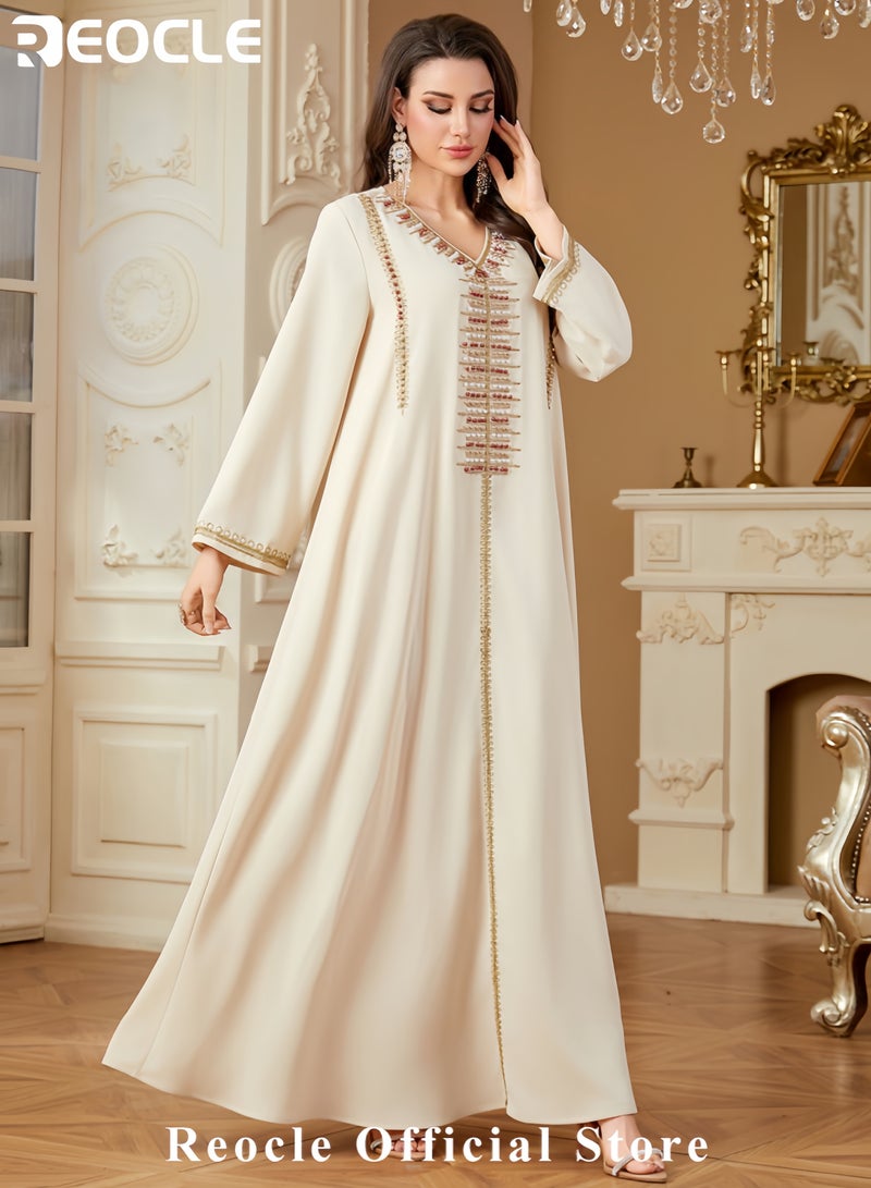 REOCLE Women's Elegant Embroidered Kaftan Dress Luxury Maxi Abaya Flowing Moroccan Robe Modest Evening Dress for Special Occasions - Image 2