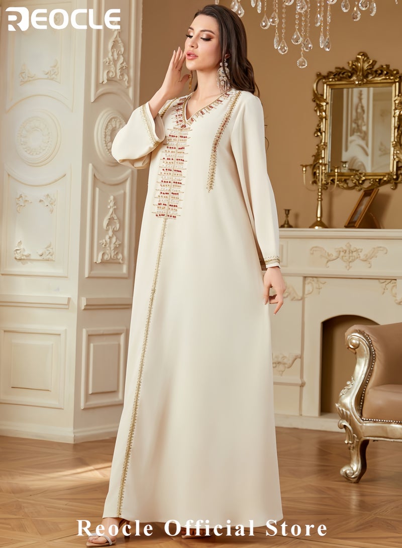 REOCLE Women's Elegant Embroidered Kaftan Dress Luxury Maxi Abaya Flowing Moroccan Robe Modest Evening Dress for Special Occasions - Image 3
